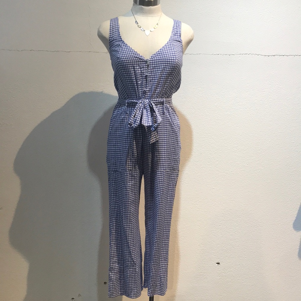 Blue and white checkered button up jumper